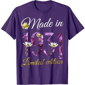 Made in 1931 Tee 94 Year Old Floral 1931 94th Birthday Gift T-Shirt Size S Purple