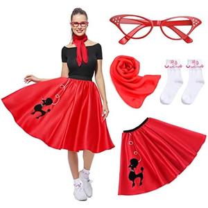Rabtero Women Sock Hop Costume, Adult 1950s Poodle Dress Costume, 50's Poodle Skirt with Glasses, Scarf and Socks, S/M
