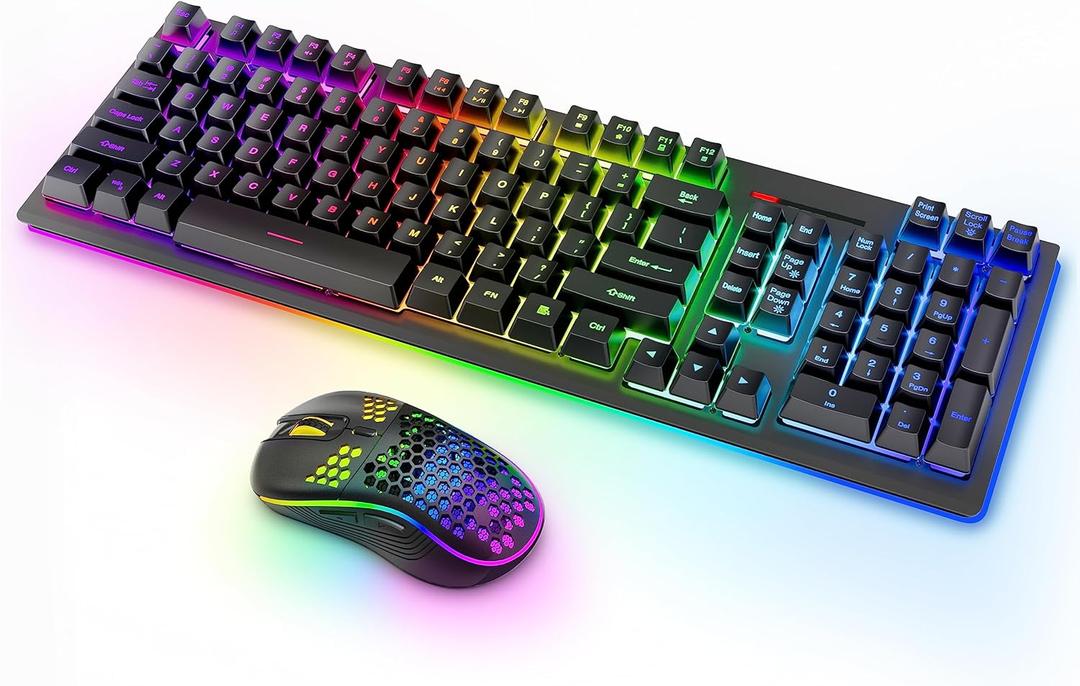 MOOJAY Wireless Keyboard and Mouse RGB Backlit Combo, Rechargeable 2.4G Light Up Cordless Gaming Keyboard with Ergonomic Wireless Wired Dual Mode Mice Set, for PC/Laptop/Windows/Mac - Black