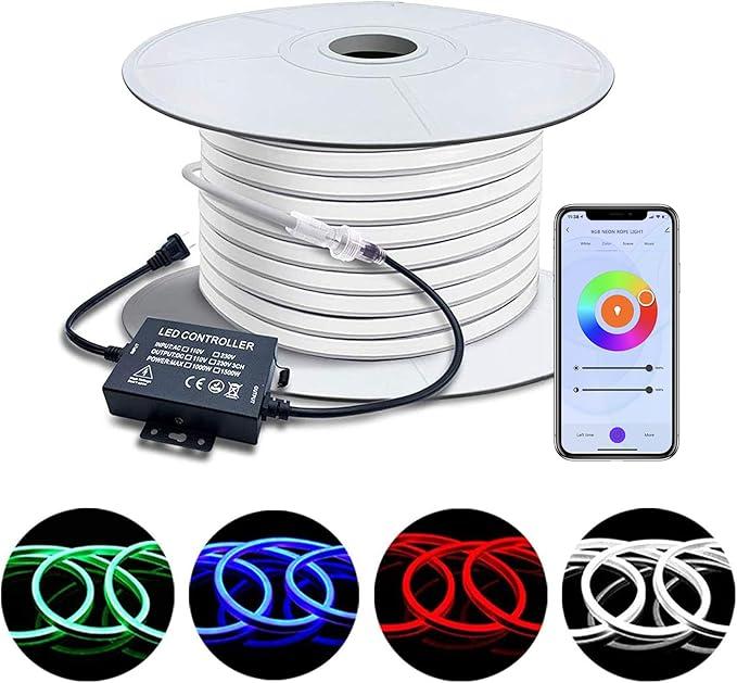 BRILLIHOOD 50FT RGB Outdoor Neon Rope Light - WiFi App and IR Remote Control, Multicolor Neon Strip for Garden Ambiance, Compatible with Alexa & Google Assistant
