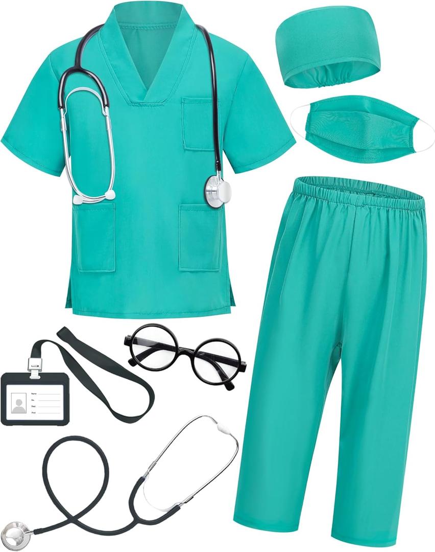 ICECUTE Doctor Costume for Kids Scrubs with Accessories,7Pcs Toddler Halloween Costume for Boy Girls, (5-6T, Green)