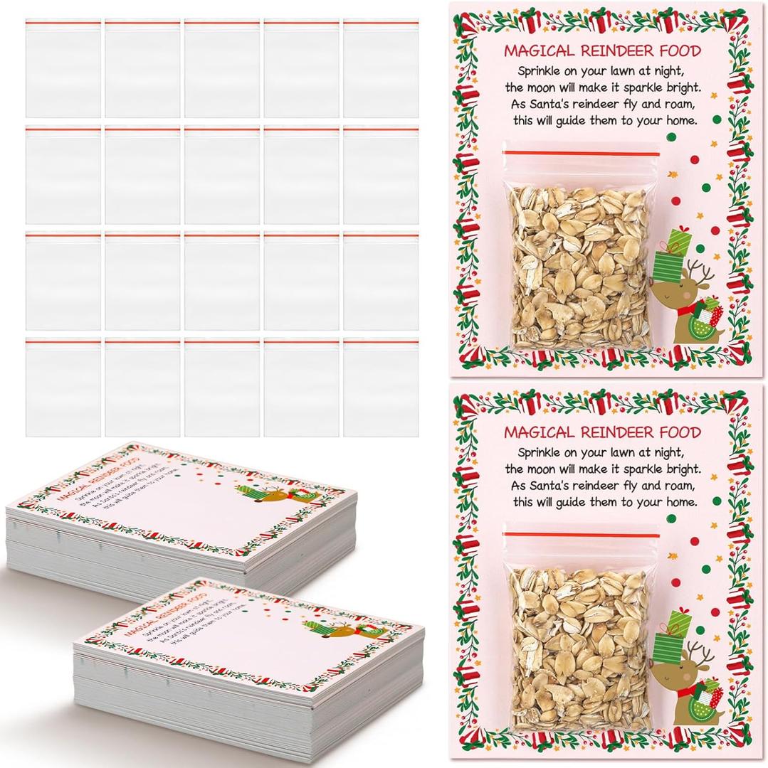 Epakh 100 Set Magic Reindeer Food Christmas Eve Present Reindeer Food Plastic Bag with Tag and Red Ribbon Mas Eve Tradition Gift Christmas Party Favor