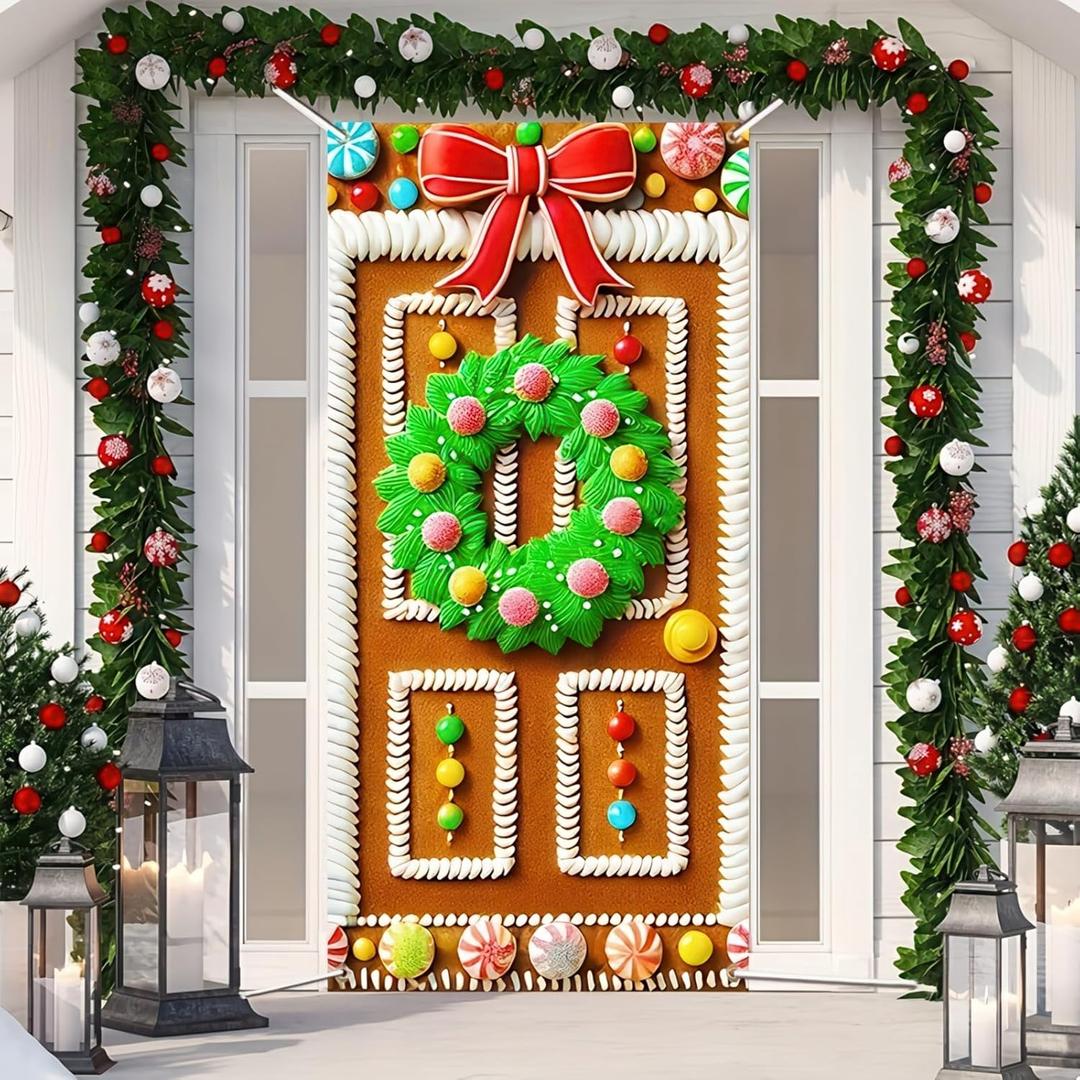 2 x BlissYard Christmas Door Cover 71x35 Inch Gingerbread House Door Banner Merry Christmas Winter Porch Sign for Front Door, Farmhouse Holiday Entry Decor Indoor Outdoor Party Hanging Cover
