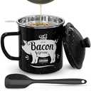 Bacon Grease Container With Strainer, 46OZ Large Enamel Grease Container, With Silicone Spatula, Farmhouse Bacon Grease Keeper, Cooking Oil Container For Kitchen Fat Storage, Dishwasher Safe-Black
