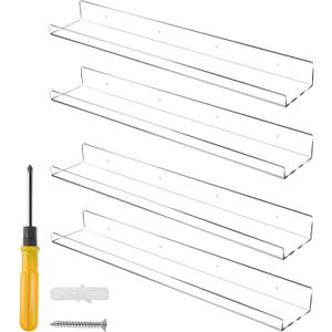 24 Inch Clear Floating Shelves 4 Pack Acrylic Shelves Invisible Floating Wall Ledge Bookshelf 5MM Thick Book Display Shelves Wall Mounted Bathroom Kitchen Organizer