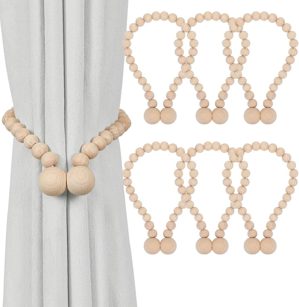 KLOGTSIND Magnetic Curtain Tiebacks, Curtain Tie Backs for Curtains 6 Pack, Wood Bead Curtain Tiebacks, Curtain Holders for Boho Bedroom Decor, Baby Nursery Decor, Farmhouse Dcor