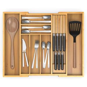 Nexxuss Bamboo Kitchen Drawer Organizer, Expandable Utensil Organizer with Removable Knife Block, Cutlery Tray Holder with Divider, Adjustable Silverware Organizer, Wood Tableware Dividers Storage