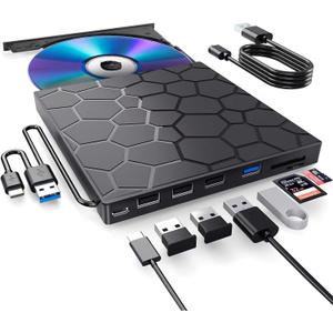 External CD/DVD Drive for Laptop, DVD Player for Laptop, 8 in 1 USB 3.0 Ultra-Slim Portable, CD Burner External Disk Drive Optical Compatible with Desktop Mac,Windows 11/10/8/7 Linux (Black)