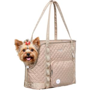 Pecute Dog Purse Carrier, Dog Carrier with Pockets for Small Dogs, Fits Dogs 5 lbs to 9 lbs, Cat and Puppies Tote Bag, Outing, Travel, Vet, Khaki (15.2"L x 7.4"W x 11.7"H, Khaki(Upgraded cuff tightening))