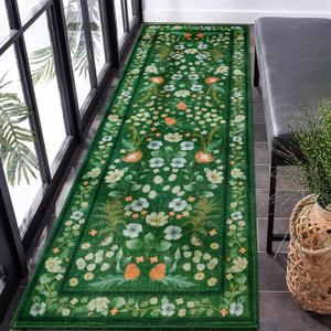 Runner Rug, Green Floral Rug for Bedroom Entryway, 2x6 Runner Rugs Non Slip Washable for Hallway, Vintage Low Pile Office Living Room Rug