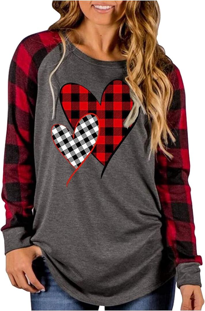 Buffalo Plaid T-Shirt for Women Faith Leopard Heart Long Sleeve Casual Tee Love garphic Funny Print Tops (Gray, L)