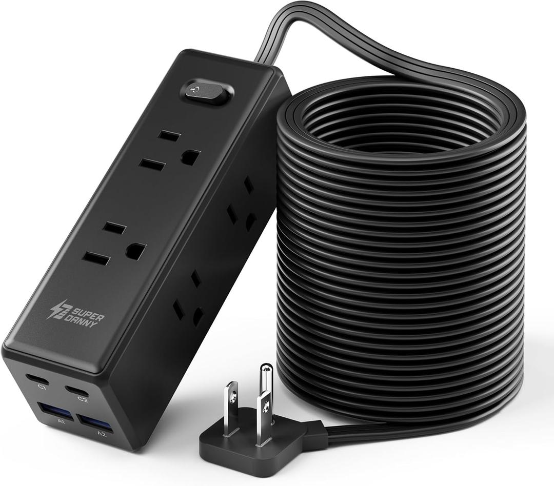 25 Ft Extension Cord with Multiple Outlets, Long Extension with 6 Outlets 4 USB Ports(2 USB C), Flat Plug Surge Protector Power Strip for Home, Office Supplies, Dorm Essentials, Black