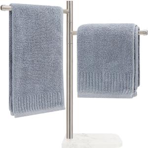 Standing Hand Towel Holder, Hand Towel Stand with Marble Base, 304 Stainless Steel Towel Rack with 2 Swivel Arm, Countertop Stand Towel Ring Towel Bar for Bathroom (Brushed Nickel,Square