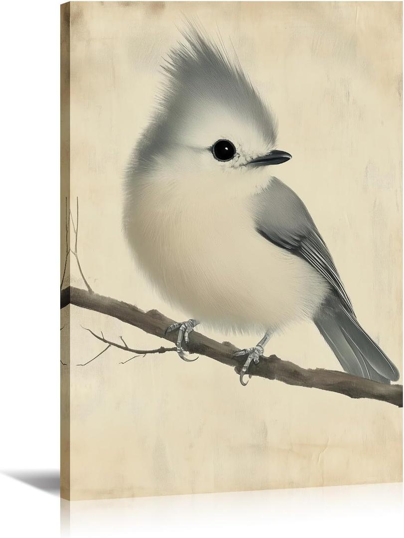Bird Canvas Wall Art Vintage Prints Gray Bird Stood on Branch Pictures Sparrow Painting Wild Animal Art for Modern Home Living Room Bathroom Bedroom Decor Framed(Birds-8,16.00x24.00 inch)