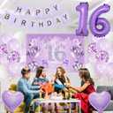 Sweet 16 Birthday Party Decorations for Girls - Purple 16th Happy Birthday Banner Heart Balloons Number 16, Photo Backdrop Crown Sash Party Supplies for Sixteen Years Old