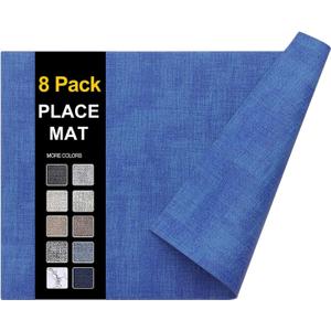 homing Faux Leather Heat Resistant Placemats 8 Packs, Waterproof Wipeable Dining PU Place Mats for Indoor & Outdoor, Easy to Clean, Sea Blue