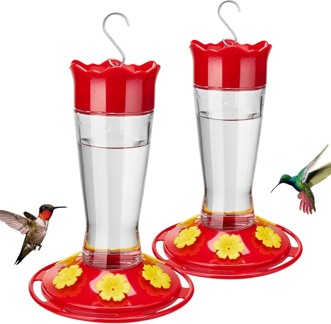 Kingsyard 2 Pack Glass Hummingbird Feeder for Outdoors Hanging - 6 Bee Guard Feeding Ports & Built-in Ant Moat, Wild Bird Feeder for Outside Garden Yard Patio 14 Oz, Updated Red