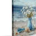 Beach Vase with Daisies Shells and Starfish on Sand Ocean Seascape Framed Canvas Wall Art Coastal Painting Prints Posters Wall Decor for Bathroom Bedroom Living Room 12x16 Inches