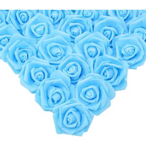 IPOPU Artificial Rose Flower Heads, 100 Pcs Real Looking Sky Blue Foam Fake Roses for DIY Wedding Baby Shower Centerpieces Arrangements Party Tables Home Decorations (Sky Blue, Stemless)