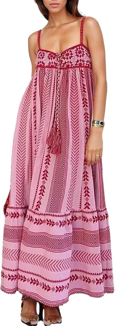 Women Boho Ethnic Maxi Dress Crochet Patchwork Slip Sleeveless Long Lace Flowy Swing Dress Beach Sundresses (Pink, S)