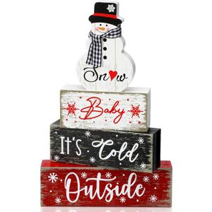 4 Pcs Christmas Snowman Wooden Tiered Tray Decor Farmhouse Snowman Table Decor Table Top Centerpiece Wood Block Sign for Home Desk Party