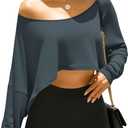 Fisoew Womens Off The Shoulder Cropped Tops Batwing Long Sleeve Loose Fit Summer Boat Neck Workout T Shirts (Large, Dark Grey)