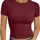 Trendy Queen Womens Short Sleeve T Shirts Summer Crop Tops Basic Slim Fit Gym Workout Y2k Clothes (Red, L)