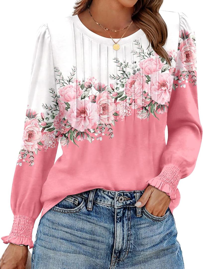 Zeagoo Womens Tops Puff Long Sleeve Shirts Dressy Casual Crew Neck Pleated Summer Fall Work Blouses 3XL