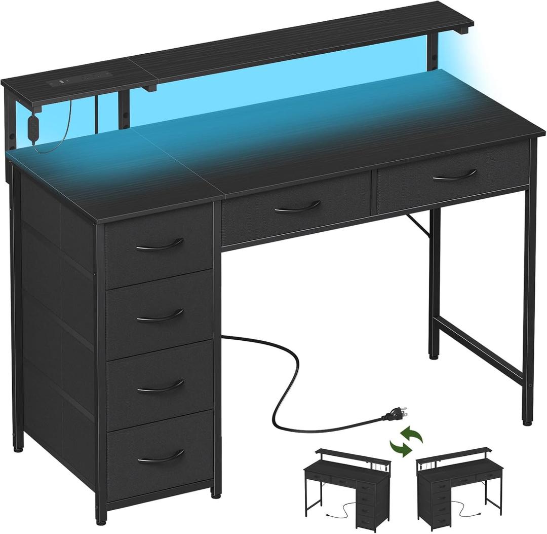 Somdot Computer Desk with Power Outlet and LED Lights, Desk with 6 Drawers, 39 Inch