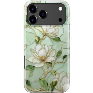 for iPhone 17 Pro Max Case Cute - Wireless Charging Compatible - Dual-Layer Hard Shell + Silicone Cover - Aesthetic Protective Phone Case for Women - Vintage Magnolia Flowers