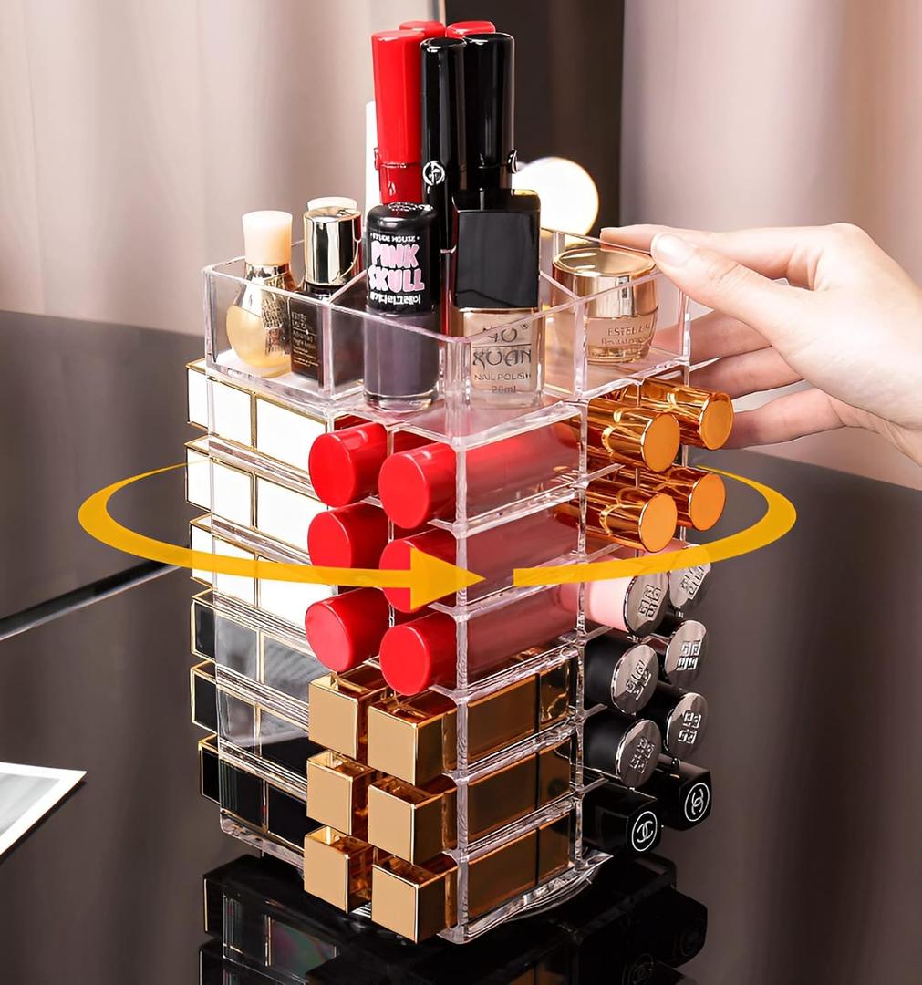 Sooyee 360 Degree Spinning Lipstick Organizer Holder 53 Spaces,Acrylic Cosmetic Display Cases for Lipstick, Brushes, Bottles, and more,Clear