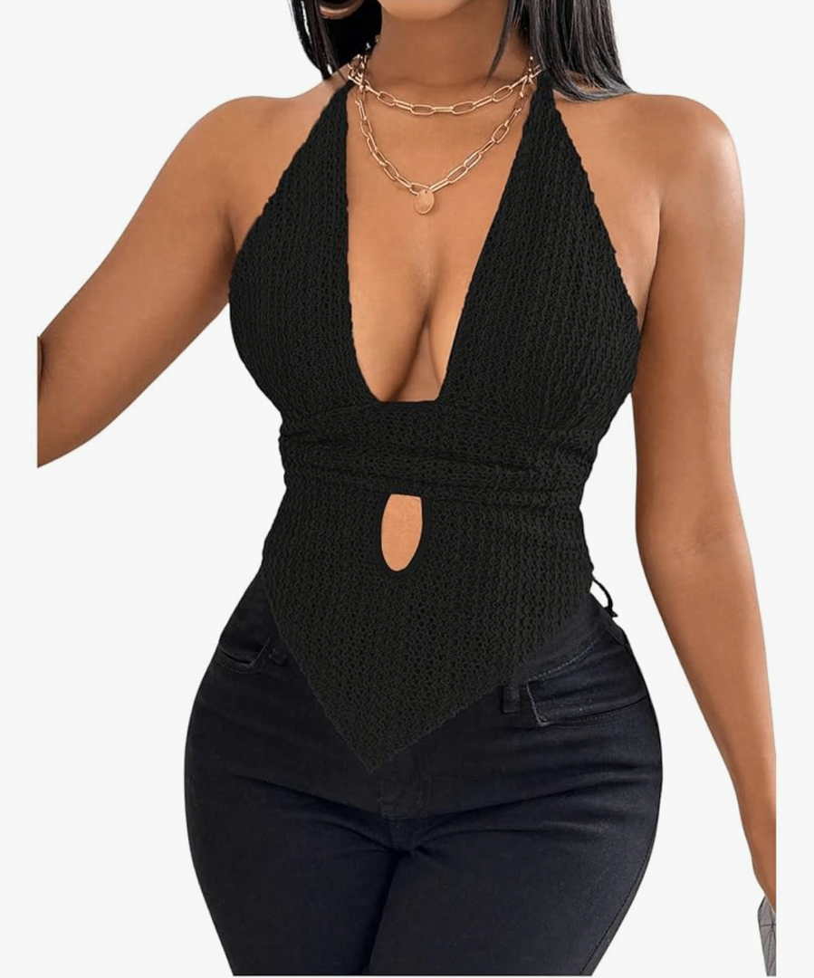 SOLY HUX Women's Deep V Neck Cut Out Halter Top Tie Backless Asymmetrical Hem Summer Tops L