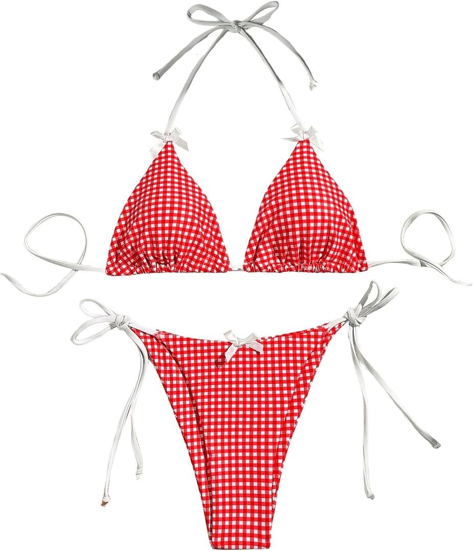 BEAUDRM Women's 2 Piece Y2K Gingham Print Bow Front Bikini Halter Tie Bikini Set Triangle Set Beachwear Swimsuit Bathing Suit Red and White Small