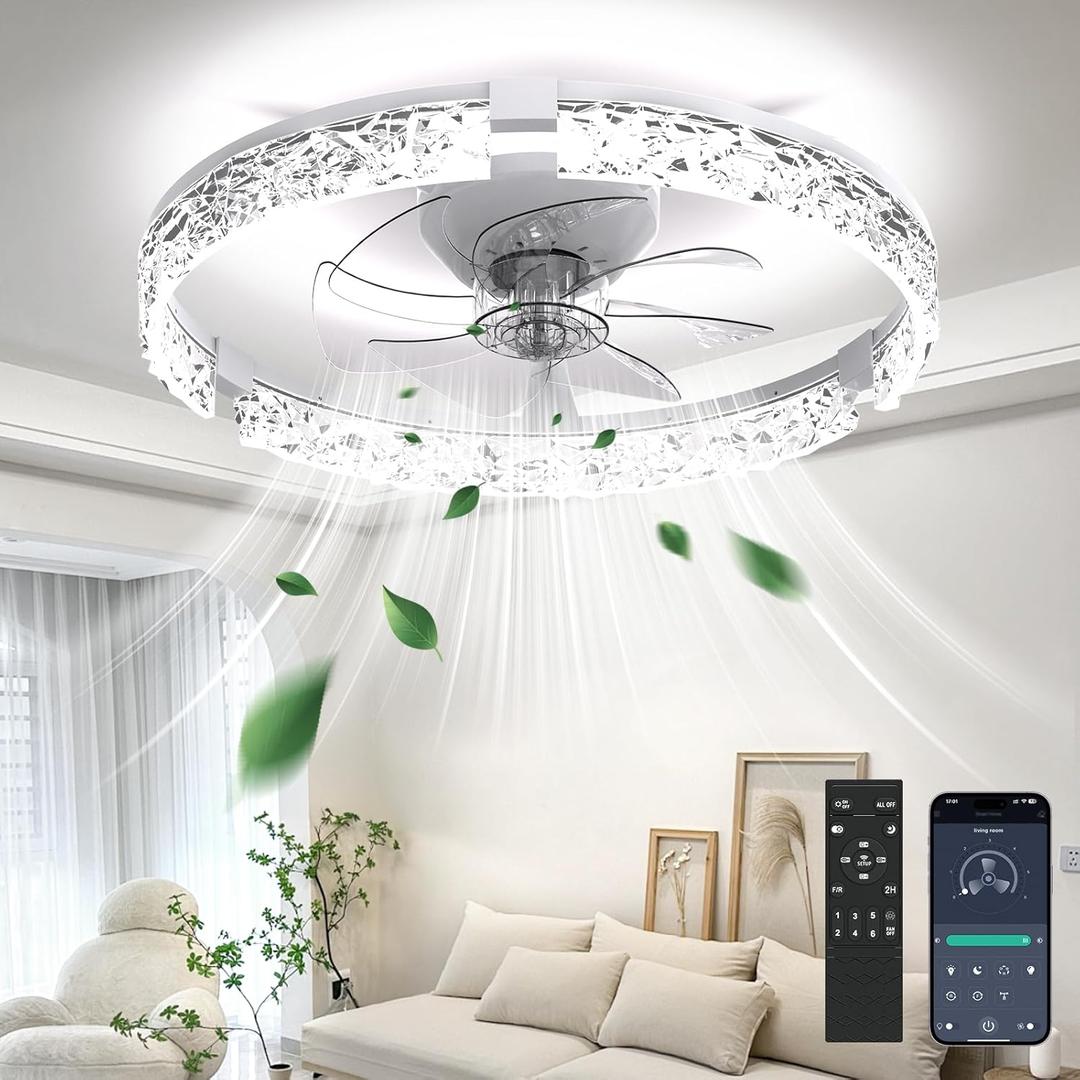 Ceiling Fans with Lights and Remote, Crystal-Edged Modern Flush Mount LED Fan Light, 6 Wind Speeds Low Profile Fandelier Ceiling Fan with Light for Bedroom, 3000-6500K Dimmable (19.7" White)