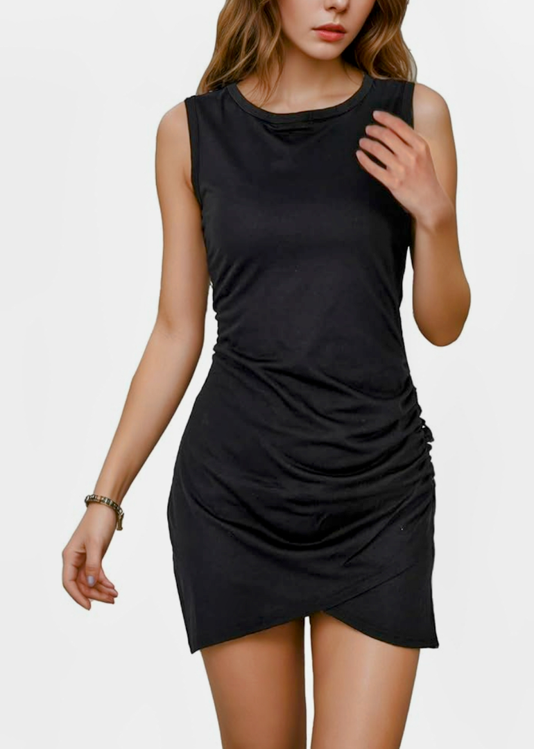 Black Short Dress, 2025 Summer Round Neck Sleeveless Mini Dresses for Women with Tulip Hem, Slim Fit One Side Ruched Bodycon,L