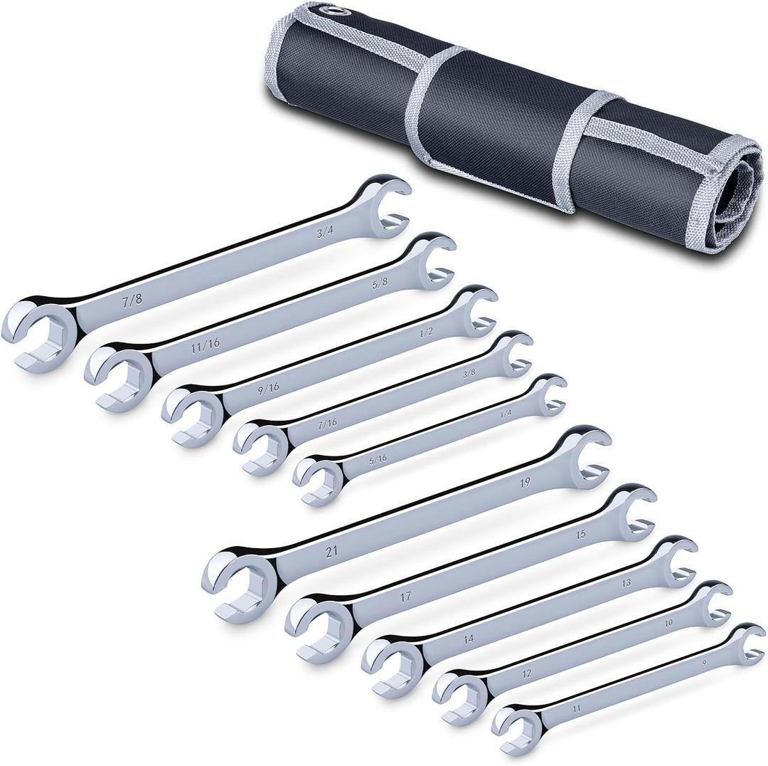 10-Piece Complete Metric and SAE Flare Nut Wrench Set with Pouch | Metric 9mm - 21mm, Inch 1/4” - 7/8” | Cr-V Steel, 6-Point Double-End Design, Perfect Line Wrench for Fuel, Brake and Air Conditioning