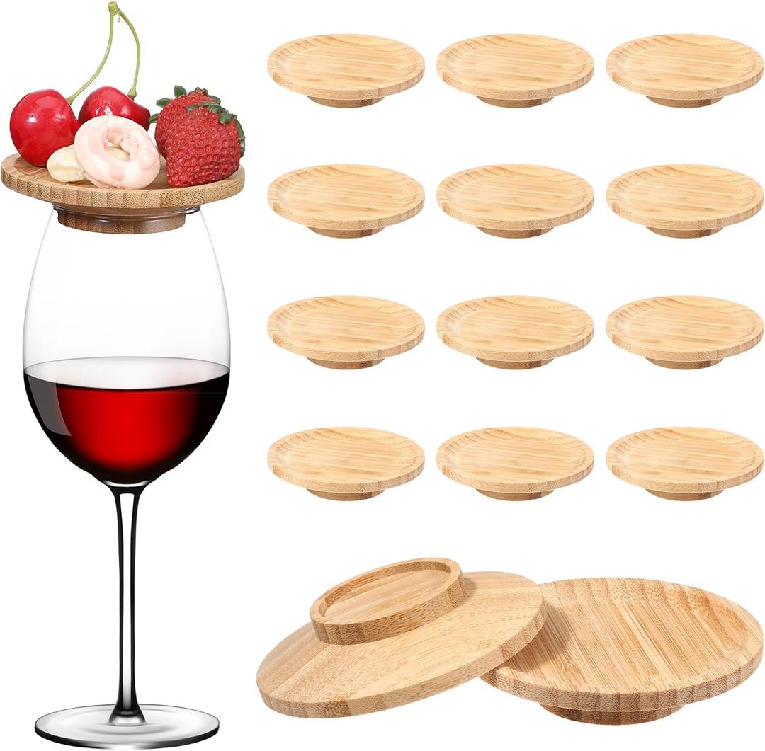 12 Pcs Wine Glass Charcuterie Topper, Mini Boards Bamboo Round Wine Glass Covers Appetizer Plates for Family Gatherings Christmas Party Bars Restaurants
