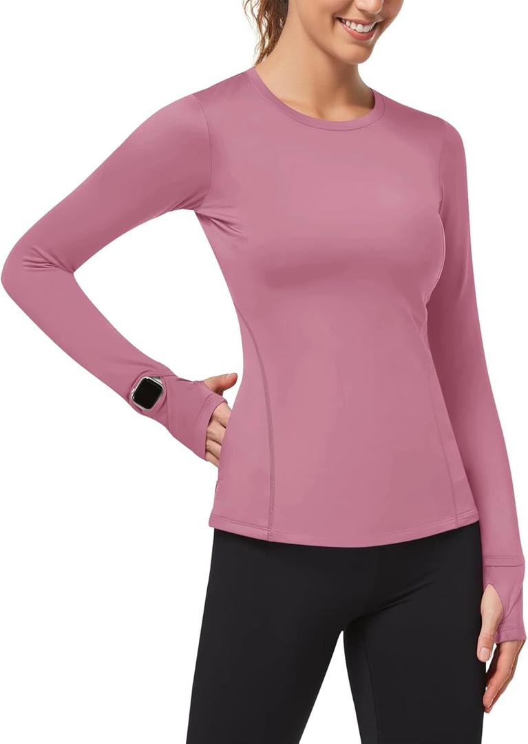 Loovoo Thermal Shirts for Women Long Sleeve Workout Tops Crewneck Fleece Base Layer Running Athletic Tee with Zipper Pocket (Small, 1-grey Pink)
