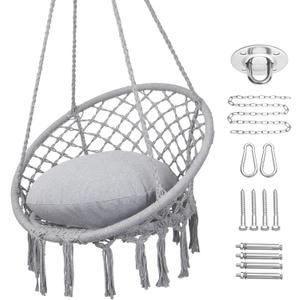 Y- STOP Hammock Chair Macrame Swing, Max 330 Lbs, Hanging Cotton Rope Hammock Swing Chair for Indoor and Outdoor Use, Light Grey