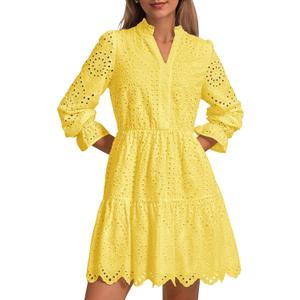 PRETTYGARDEN Women's Spring 2025 Long Puff Sleeve Mini Dress Hollow Out Lace V Neck A Line Ruffle Casual Party Dresses (Yellow, S)