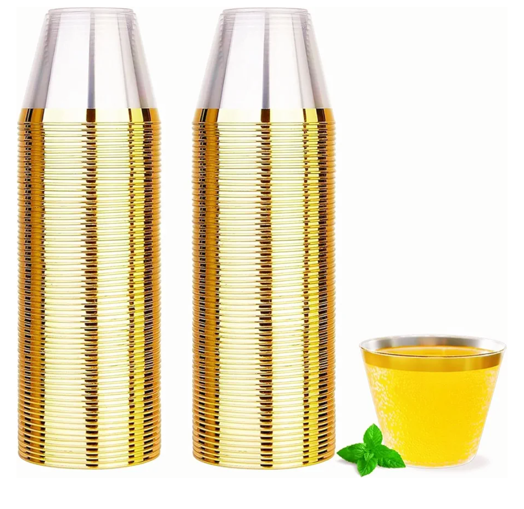 YOUTHSHIP 55 Pcs Clear Plastic Cups with Gold Rim, Premium 9 Oz Disposable Party Cups, Hard Plastic Drinking Cups for Party and Wedding