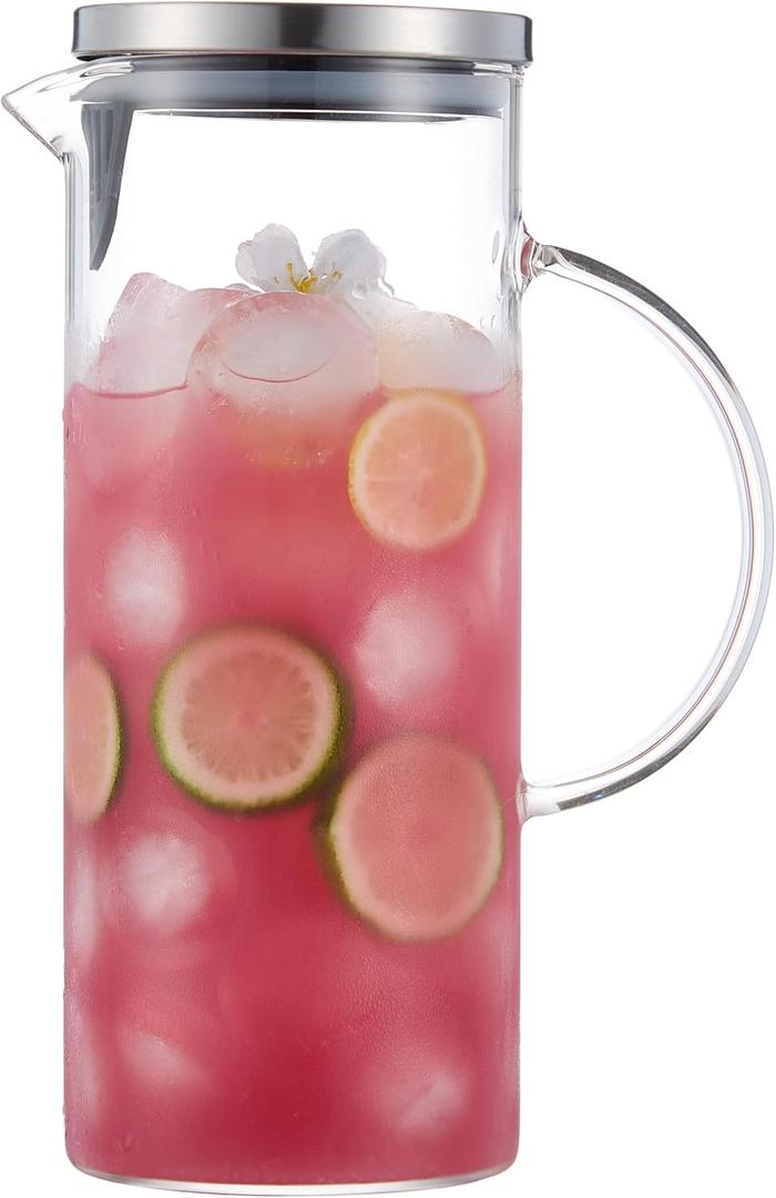 Concise Style Water Pitcher, 1.5L/50 oz Fridge Side Door Glass Pitcher with LidHigh Borosilicate Glass Jug for Hot or Cold Homemade Drinks.