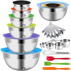 WEPSEN Mixing Bowls with Lid Set, 27PCS Kitchen Utensils Metal Bowl Stainless Steel Nesting Bowls, Measuring Cups and Spoons, Egg Whisk for Baking