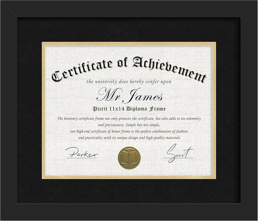 Picrit 11x14 Black Wood Diploma/Document Frame with Tempered Glass & Black over Gold Mat, and Display 15x18 Degree Certificate Frame without Mat for Wall, 1 pack