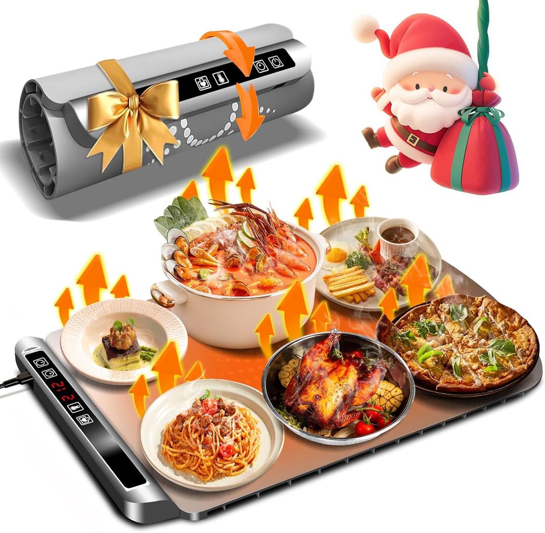 Warming Mat for Food, Silicone Electric Warming Tray with Live Temperature Display and Timer,Roll-Up & Portable Food Heating Pad with Child Lock, Full-Surface Countertop Food Warmer for Parties Buffet (Deep Grey)