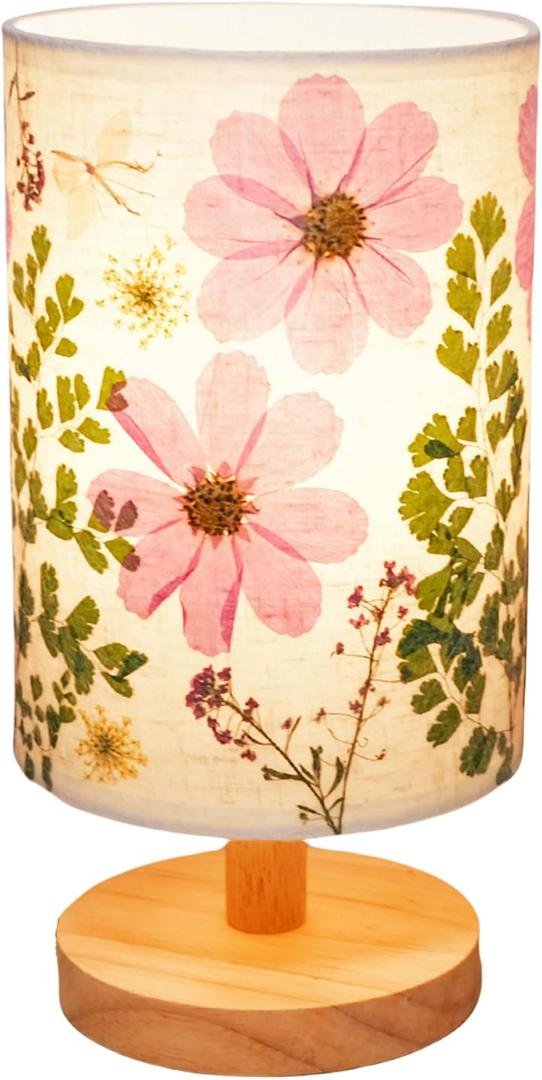 Dried Flowers Small Table Lamp 5W LED 3-Color Pressed Flower Bedside Lamp Linen Shade with Wood Base for Bedroom Living Room Desk Nursery