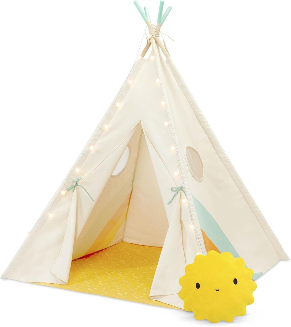 Happy Hideaway Play Tent- Furniture for Toddlers- Play Tent- String Lights & Sun Pillow – Cotton Canvas Tent for Reading, Games- 3 years +  