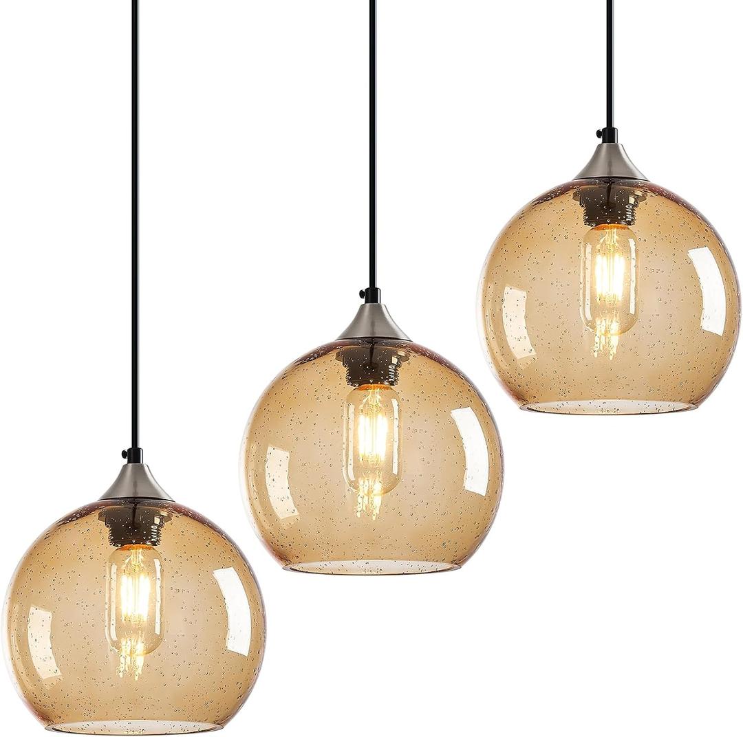 Brown Pendant Lights Kitchen Island 3 Pack, 7.87in Seeded Glass Globe