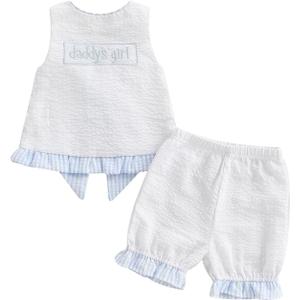 Toddler Girl Summer Outfit Letters Embroidery Cross Back Pinafore Top and Shorts Kids Striped Seersucker Clothes Set (Blue, 2-3T) (S)