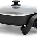 GreenLife 12" 5QT Square Electric Skillet, Glass Vented Lid, Ceramic PFAS-Free Nonstick Coated Interior, Adjustable Temperature Control, Cool Touch Handles, Quick Even Heating, Scratch Resistant,Black